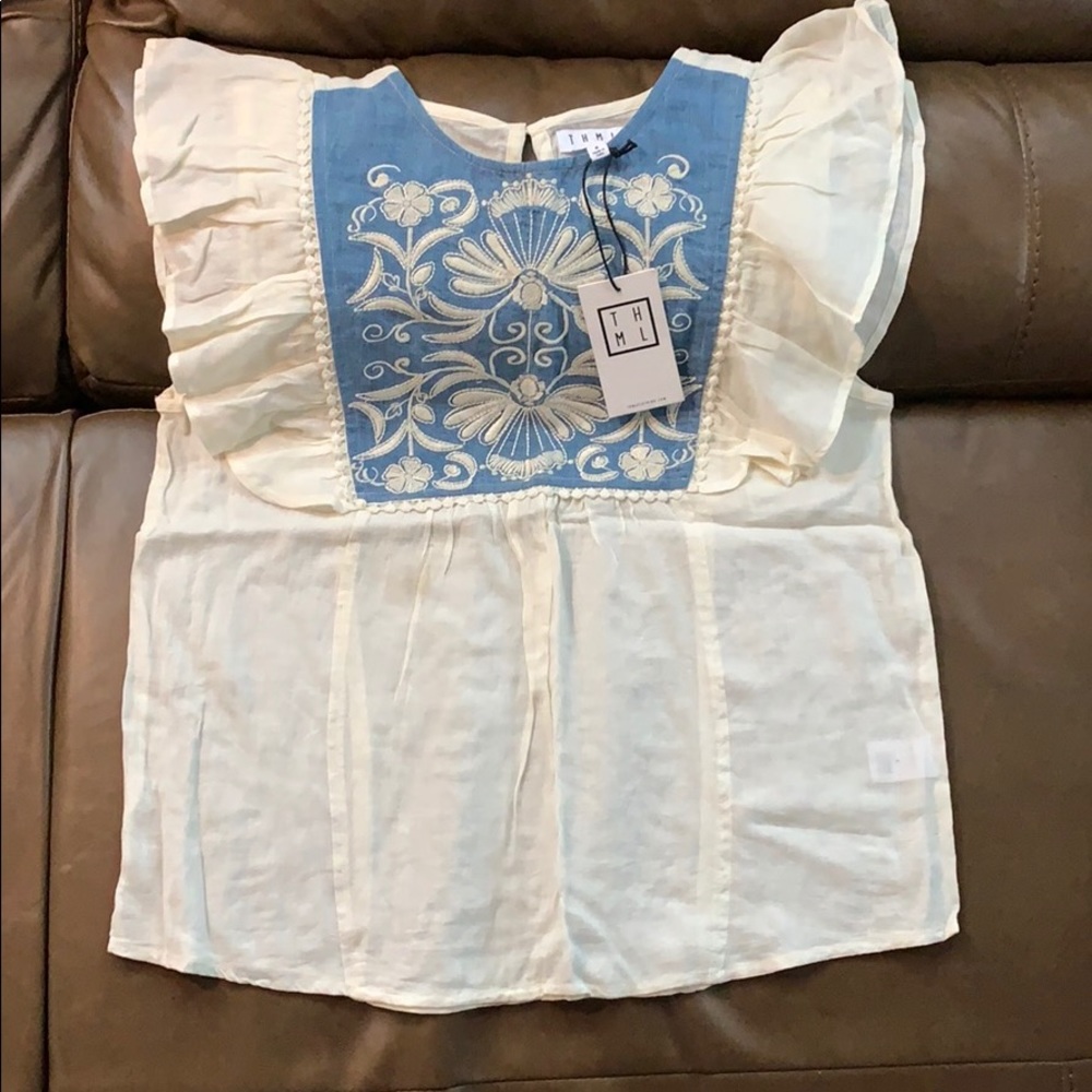 NWT- THML Embroidered Ruffle Tank